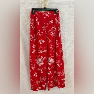 Red Printed Flowy Pants with White Motif